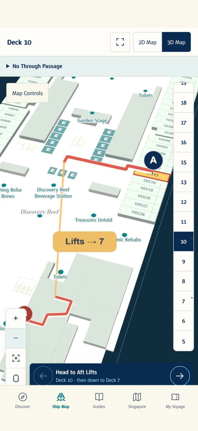 Walking directions on the 3D deck plan, down to the aft lifts