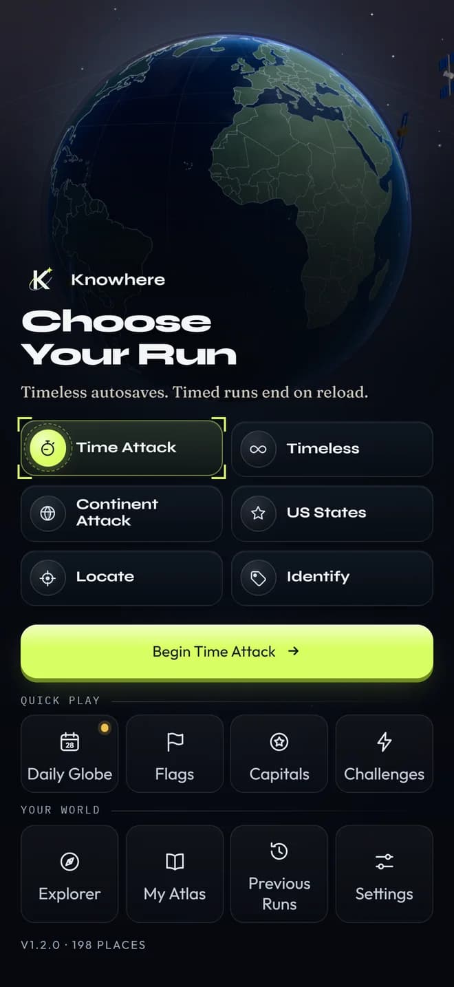 Choose Your Run: Time Attack, Timeless, continents, US States, Locate and Identify