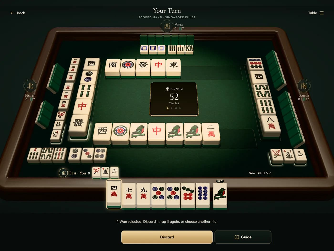The Singapore table in 3D, a tile picked and ready to discard
